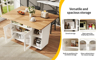 Îlot de Cuisine Mobile Extensible Blanc et Gris Argenté avec Plateau Rabattable et Rangement Vitré NUQNOIDS