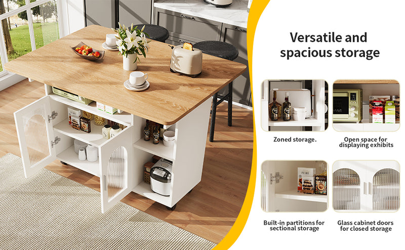 Îlot de Cuisine Mobile Extensible Blanc et Gris Argenté avec Plateau Rabattable et Rangement Vitré NUQNOIDS