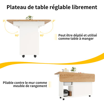 Îlot de Cuisine Mobile Extensible Blanc et Gris Argenté avec Plateau Rabattable et Rangement Vitré NUQNOIDS