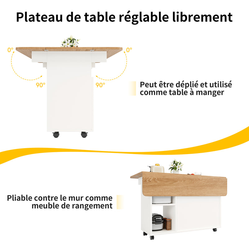 Îlot de Cuisine Mobile Extensible Blanc et Gris Argenté avec Plateau Rabattable et Rangement Vitré NUQNOIDS
