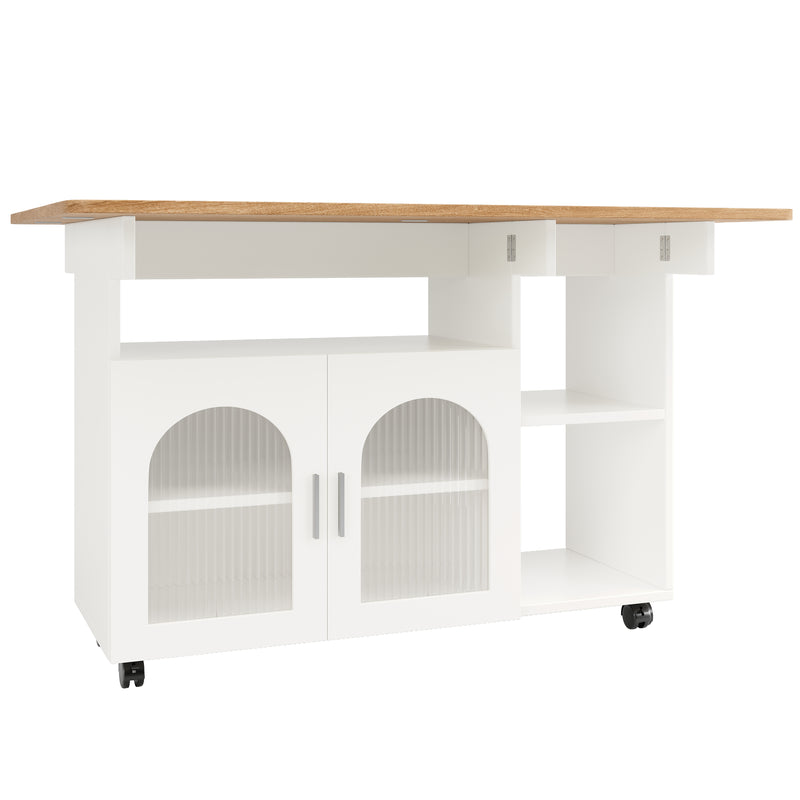 Îlot de Cuisine Mobile Extensible Blanc et Gris Argenté avec Plateau Rabattable et Rangement Vitré NUQNOIDS