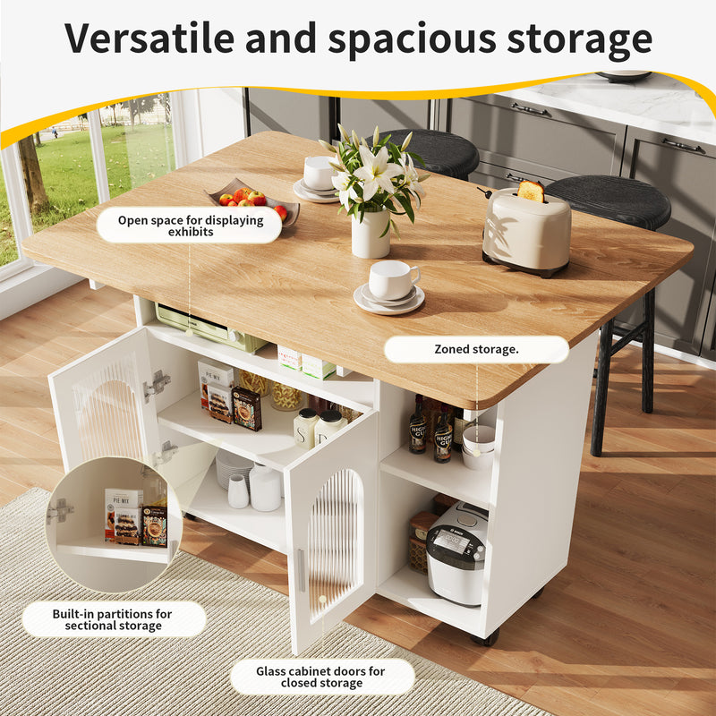 Îlot de Cuisine Mobile Extensible Blanc et Gris Argenté avec Plateau Rabattable et Rangement Vitré NUQNOIDS