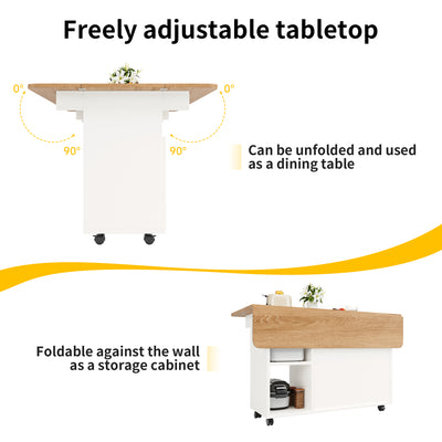 Îlot de Cuisine Mobile Extensible Blanc et Gris Argenté avec Plateau Rabattable et Rangement Vitré NUQNOIDS