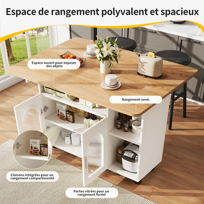 Îlot de Cuisine Mobile Extensible Blanc et Gris Argenté avec Plateau Rabattable et Rangement Vitré NUQNOIDS