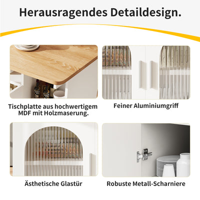 Îlot de Cuisine Mobile Extensible Blanc et Gris Argenté avec Plateau Rabattable et Rangement Vitré NUQNOIDS