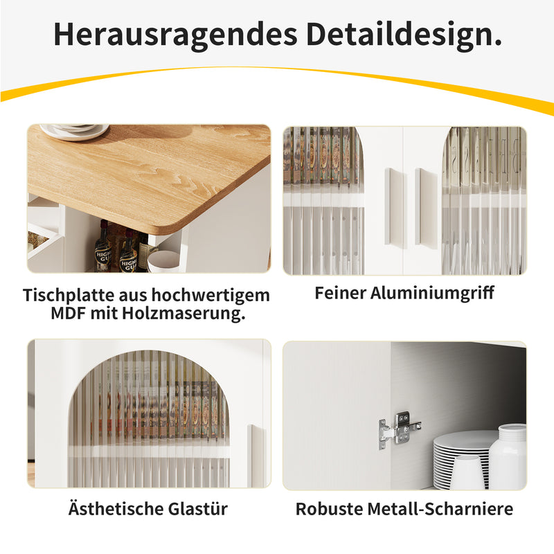Îlot de Cuisine Mobile Extensible Blanc et Gris Argenté avec Plateau Rabattable et Rangement Vitré NUQNOIDS
