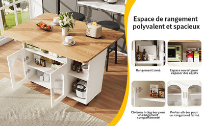 Îlot de Cuisine Mobile Extensible Blanc et Gris Argenté avec Plateau Rabattable et Rangement Vitré NUQNOIDS