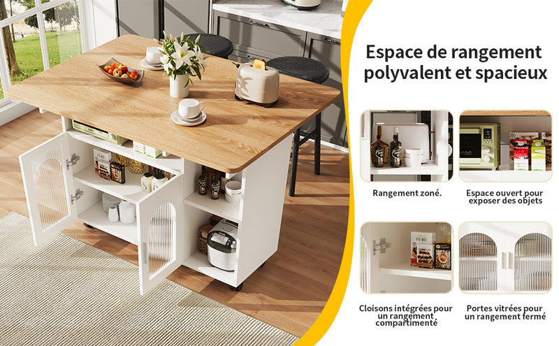 Îlot de Cuisine Mobile Extensible Blanc et Gris Argenté avec Plateau Rabattable et Rangement Vitré NUQNOIDS