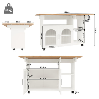 Îlot de Cuisine Mobile Extensible Blanc et Gris Argenté avec Plateau Rabattable et Rangement Vitré NUQNOIDS