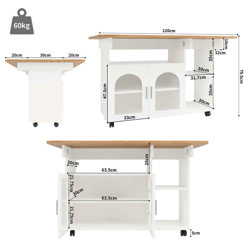 Îlot de Cuisine Mobile Extensible Blanc et Gris Argenté avec Plateau Rabattable et Rangement Vitré NUQNOIDS