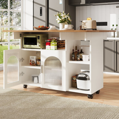 Îlot de Cuisine Mobile Extensible Blanc et Gris Argenté avec Plateau Rabattable et Rangement Vitré NUQNOIDS