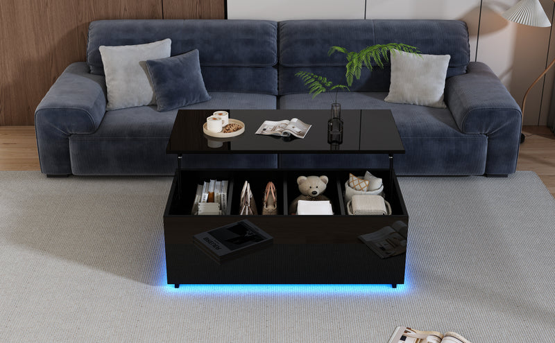 Table Basse Relevable Hydraulique Noire Laquée avec LED RGB, Rangement Caché et Ports USB (100x50x35-60cm) OKRUITS BLACK