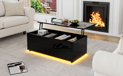 Table Basse Relevable Hydraulique Noire Laquée avec LED RGB, Rangement Caché et Ports USB (100x50x35-60cm) OKRUITS BLACK