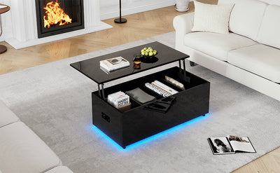 Table Basse Relevable Hydraulique Noire Laquée avec LED RGB, Rangement Caché et Ports USB (100x50x35-60cm) OKRUITS BLACK