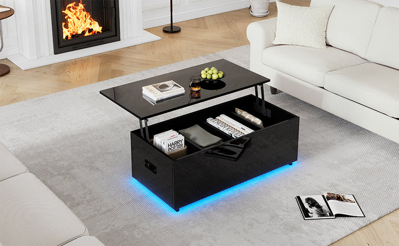 Table Basse Relevable Hydraulique Noire Laquée avec LED RGB, Rangement Caché et Ports USB (100x50x35-60cm) OKRUITS BLACK