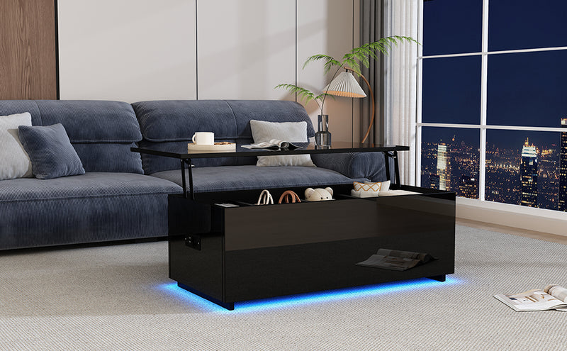 Table Basse Relevable Hydraulique Noire Laquée avec LED RGB, Rangement Caché et Ports USB (100x50x35-60cm) OKRUITS BLACK