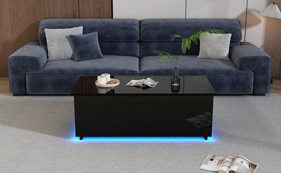 Table Basse Relevable Hydraulique Noire Laquée avec LED RGB, Rangement Caché et Ports USB (100x50x35-60cm) OKRUITS BLACK