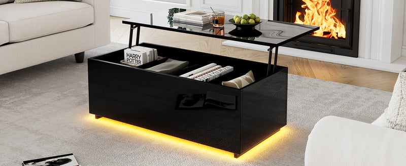 Table Basse Relevable Hydraulique Noire Laquée avec LED RGB, Rangement Caché et Ports USB (100x50x35-60cm) OKRUITS BLACK