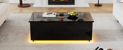 Table Basse Relevable Hydraulique Noire Laquée avec LED RGB, Rangement Caché et Ports USB (100x50x35-60cm) OKRUITS BLACK