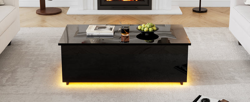 Table Basse Relevable Hydraulique Noire Laquée avec LED RGB, Rangement Caché et Ports USB (100x50x35-60cm) OKRUITS BLACK