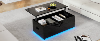 Table Basse Relevable Hydraulique Noire Laquée avec LED RGB, Rangement Caché et Ports USB (100x50x35-60cm) OKRUITS BLACK