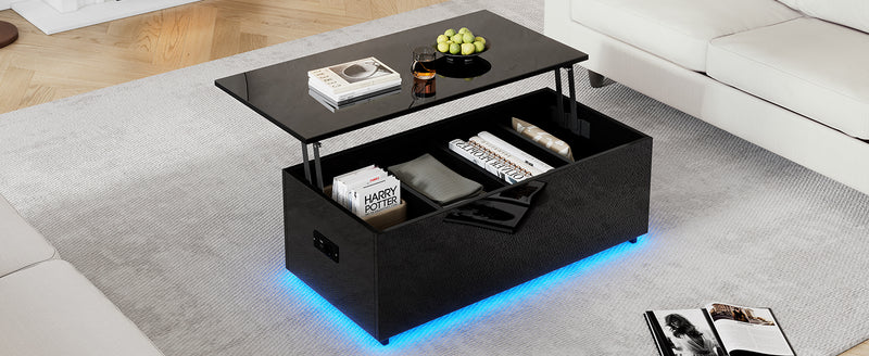 Table Basse Relevable Hydraulique Noire Laquée avec LED RGB, Rangement Caché et Ports USB (100x50x35-60cm) OKRUITS BLACK