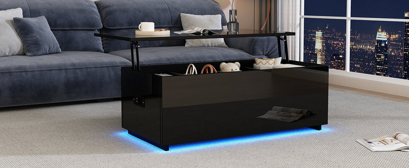 Table Basse Relevable Hydraulique Noire Laquée avec LED RGB, Rangement Caché et Ports USB (100x50x35-60cm) OKRUITS BLACK