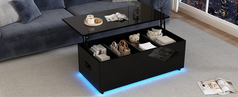 Table Basse Relevable Hydraulique Noire Laquée avec LED RGB, Rangement Caché et Ports USB (100x50x35-60cm) OKRUITS BLACK