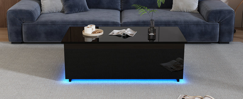 Table Basse Relevable Hydraulique Noire Laquée avec LED RGB, Rangement Caché et Ports USB (100x50x35-60cm) OKRUITS BLACK