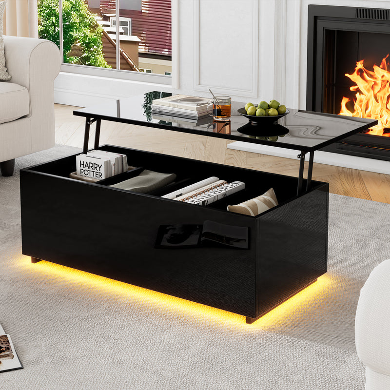 Table Basse Relevable Hydraulique Noire Laquée avec LED RGB, Rangement Caché et Ports USB (100x50x35-60cm) OKRUITS BLACK