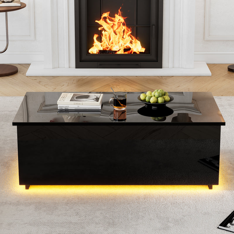 Table Basse Relevable Hydraulique Noire Laquée avec LED RGB, Rangement Caché et Ports USB (100x50x35-60cm) OKRUITS BLACK
