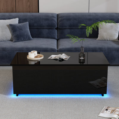 Table Basse Relevable Hydraulique Noire Laquée avec LED RGB, Rangement Caché et Ports USB (100x50x35-60cm) OKRUITS BLACK