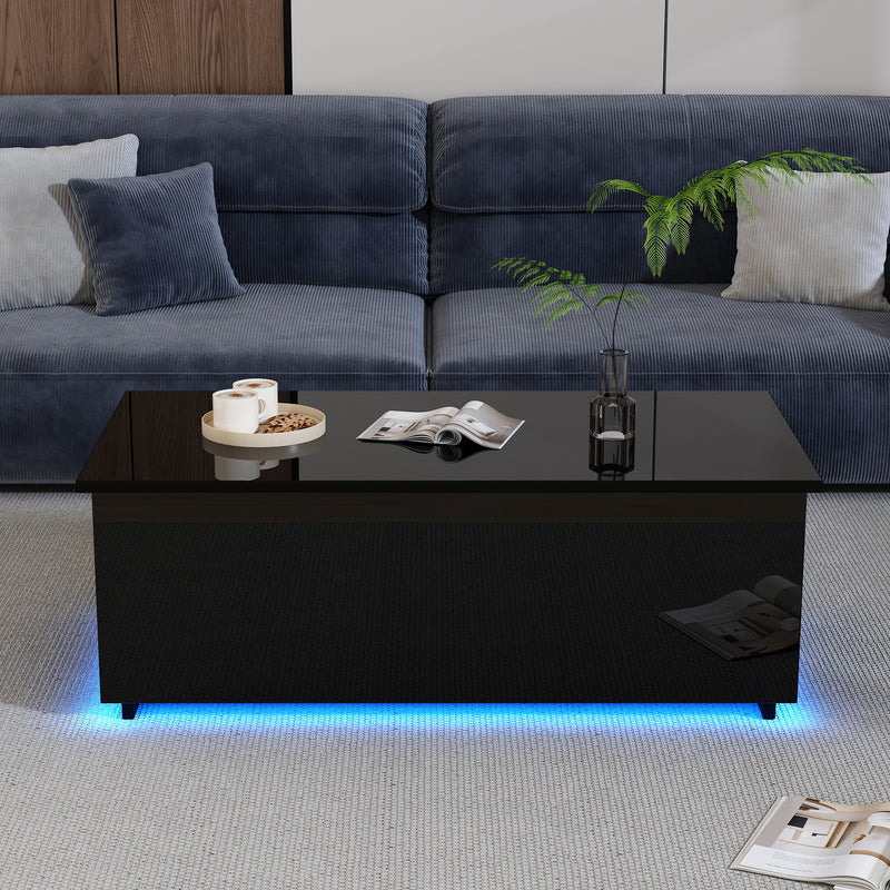 Table Basse Relevable Hydraulique Noire Laquée avec LED RGB, Rangement Caché et Ports USB (100x50x35-60cm) OKRUITS BLACK