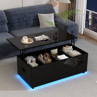 Table Basse Relevable Hydraulique Noire Laquée avec LED RGB, Rangement Caché et Ports USB (100x50x35-60cm) OKRUITS BLACK