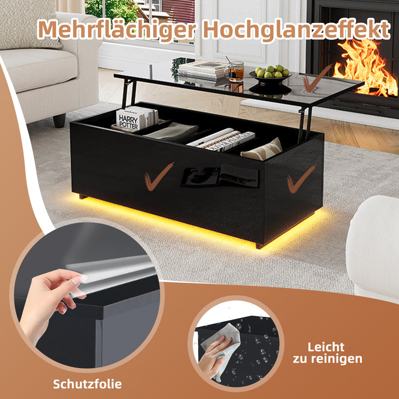 Table Basse Relevable Hydraulique Noire Laquée avec LED RGB, Rangement Caché et Ports USB (100x50x35-60cm) OKRUITS BLACK