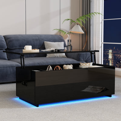 Table Basse Relevable Hydraulique Noire Laquée avec LED RGB, Rangement Caché et Ports USB (100x50x35-60cm) OKRUITS BLACK