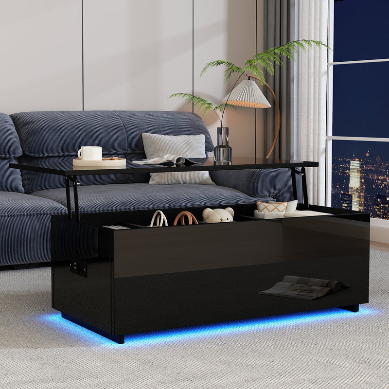 Table Basse Relevable Hydraulique Noire Laquée avec LED RGB, Rangement Caché et Ports USB (100x50x35-60cm) OKRUITS BLACK