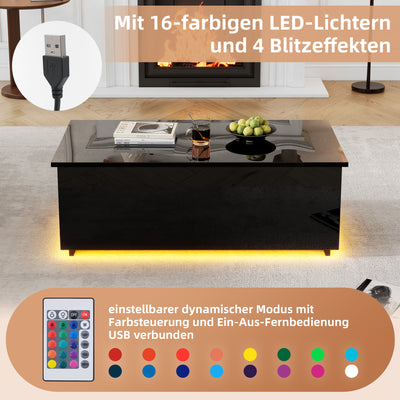 Table Basse Relevable Hydraulique Noire Laquée avec LED RGB, Rangement Caché et Ports USB (100x50x35-60cm) OKRUITS BLACK