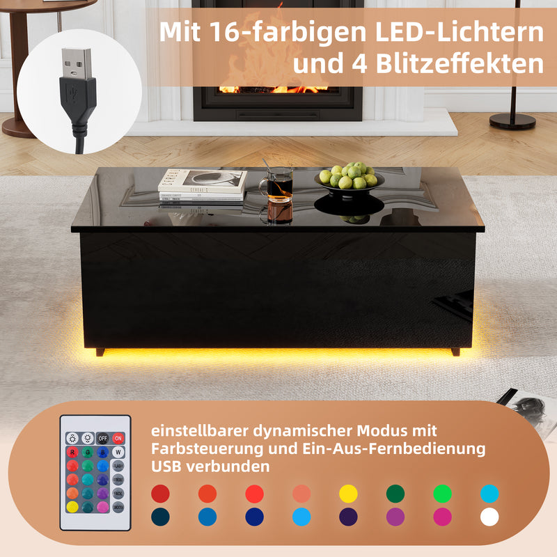 Table Basse Relevable Hydraulique Noire Laquée avec LED RGB, Rangement Caché et Ports USB (100x50x35-60cm) OKRUITS BLACK