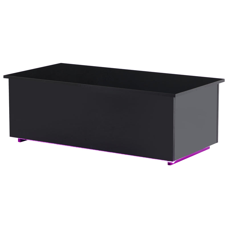 Table Basse Relevable Hydraulique Noire Laquée avec LED RGB, Rangement Caché et Ports USB (100x50x35-60cm) OKRUITS BLACK