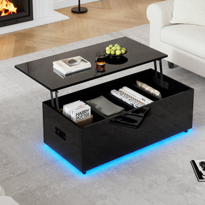 Table Basse Relevable Hydraulique Noire Laquée avec LED RGB, Rangement Caché et Ports USB (100x50x35-60cm) OKRUITS BLACK