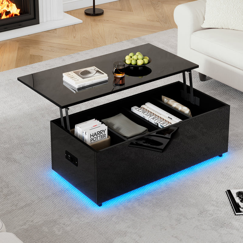 Table Basse Relevable Hydraulique Noire Laquée avec LED RGB, Rangement Caché et Ports USB (100x50x35-60cm) OKRUITS BLACK