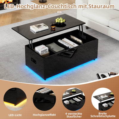 Table Basse Relevable Hydraulique Noire Laquée avec LED RGB, Rangement Caché et Ports USB (100x50x35-60cm) OKRUITS BLACK