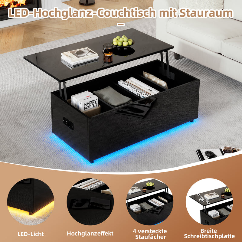 Table Basse Relevable Hydraulique Noire Laquée avec LED RGB, Rangement Caché et Ports USB (100x50x35-60cm) OKRUITS BLACK