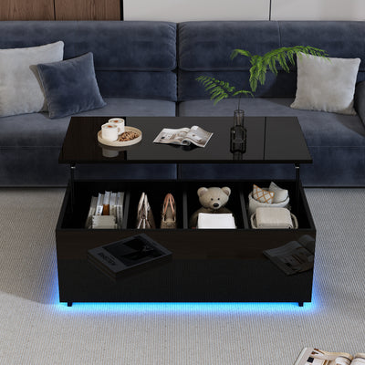 Table Basse Relevable Hydraulique Noire Laquée avec LED RGB, Rangement Caché et Ports USB (100x50x35-60cm) OKRUITS BLACK