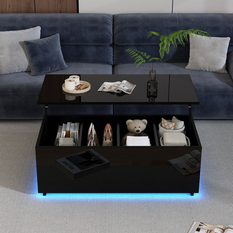 Table Basse Relevable Hydraulique Noire Laquée avec LED RGB, Rangement Caché et Ports USB (100x50x35-60cm) OKRUITS BLACK