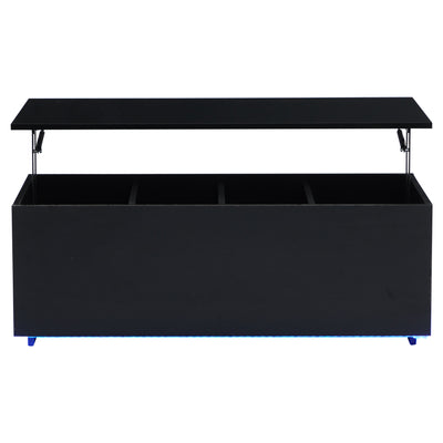 Table Basse Relevable Hydraulique Noire Laquée avec LED RGB, Rangement Caché et Ports USB (100x50x35-60cm) OKRUITS BLACK