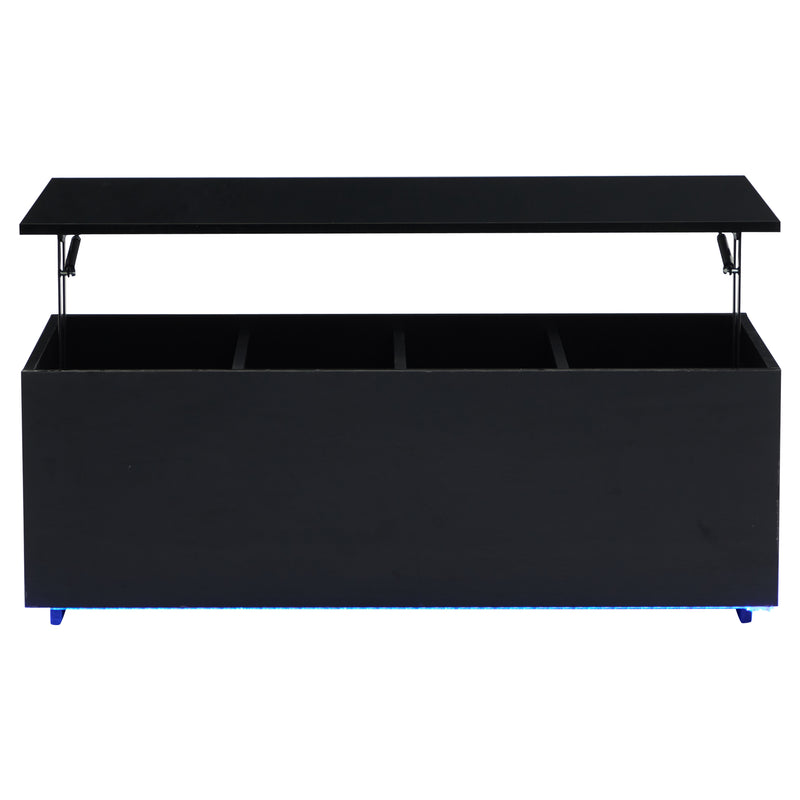 Table Basse Relevable Hydraulique Noire Laquée avec LED RGB, Rangement Caché et Ports USB (100x50x35-60cm) OKRUITS BLACK