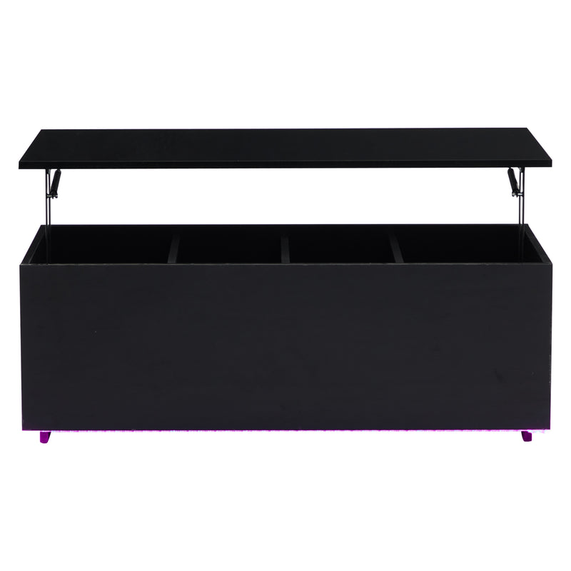 Table Basse Relevable Hydraulique Noire Laquée avec LED RGB, Rangement Caché et Ports USB (100x50x35-60cm) OKRUITS BLACK