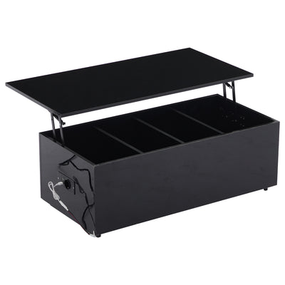Table Basse Relevable Hydraulique Noire Laquée avec LED RGB, Rangement Caché et Ports USB (100x50x35-60cm) OKRUITS BLACK